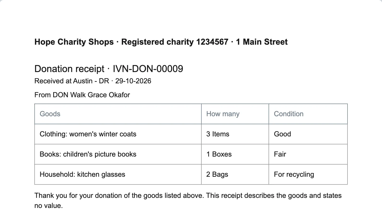 The donor receipt under the store's letter head, with its three lines of goods and no value stated