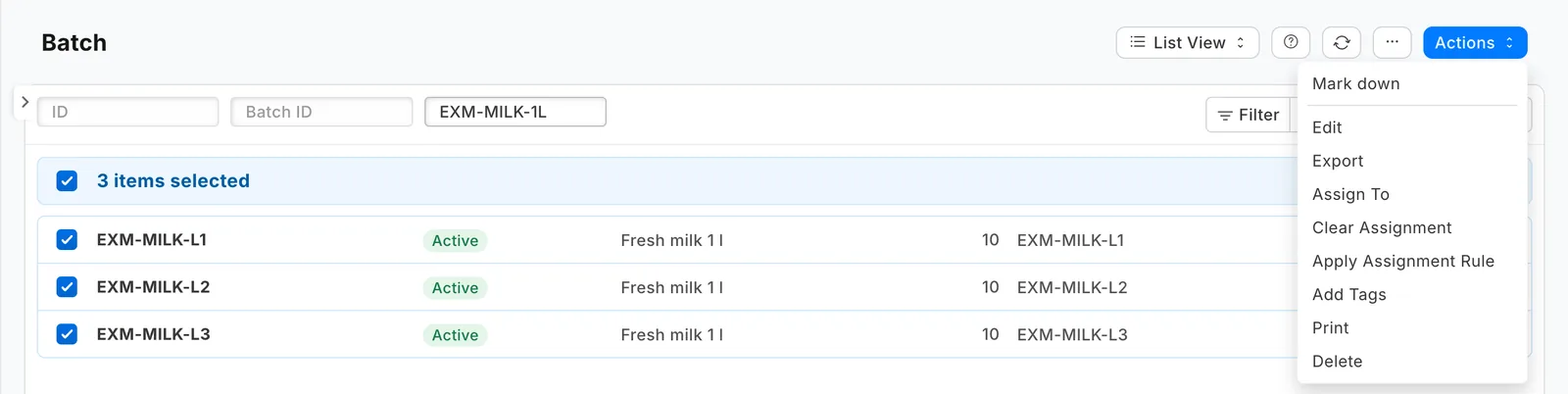 Three lots ticked in the Batch list, and Mark down at the top of the Actions menu