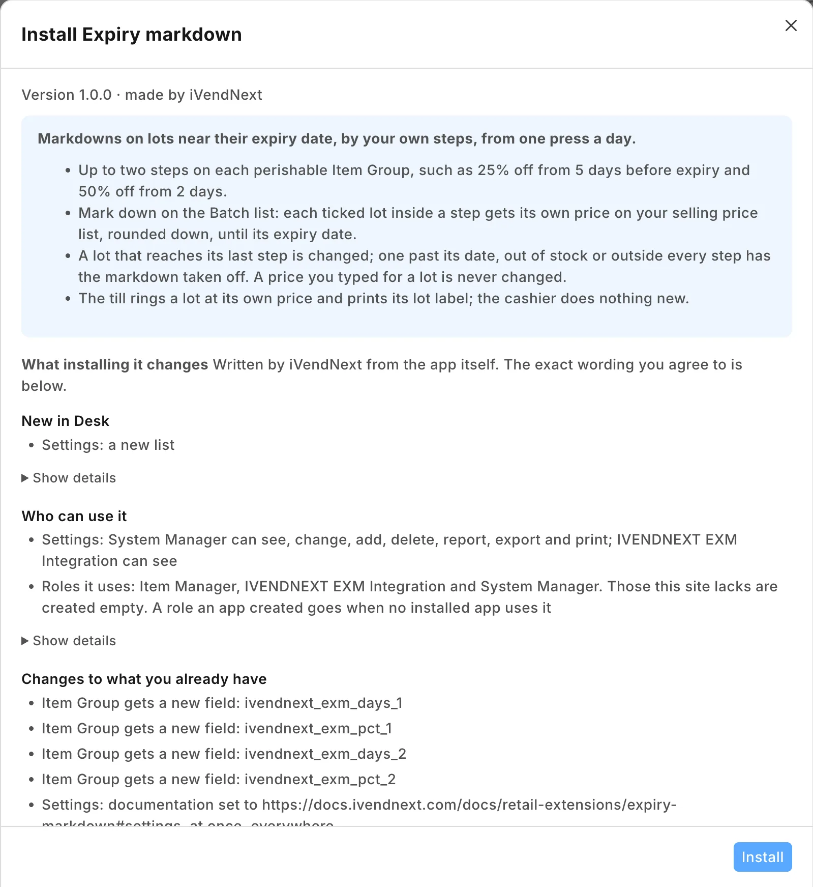 What installing it changes: the settings, four fields on Item Group, the event feed, the service and the Mark down button on Batch, each named before you consent