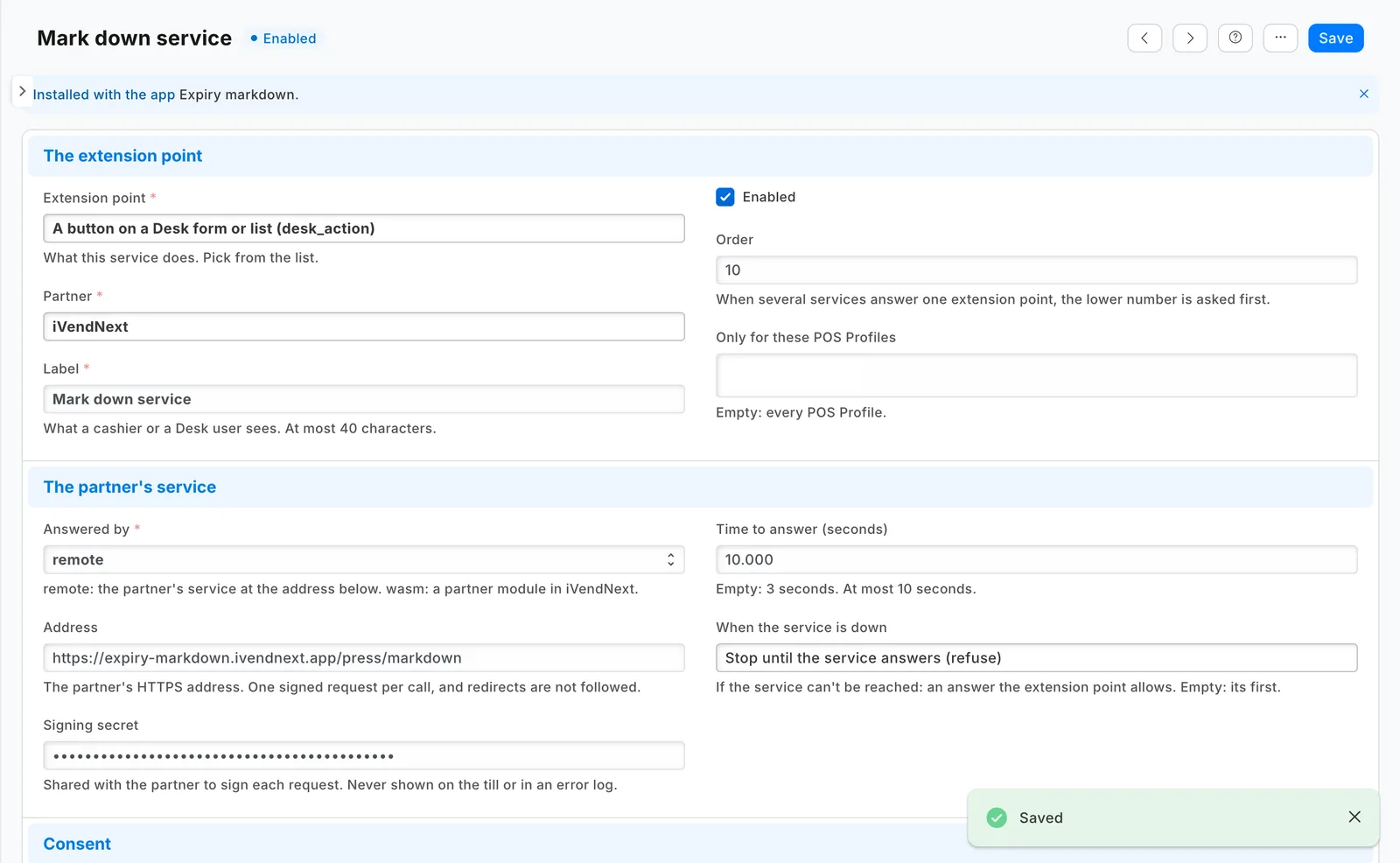 Mark down service switched on: its address at expiry-markdown.ivendnext.app and 10 seconds to answer