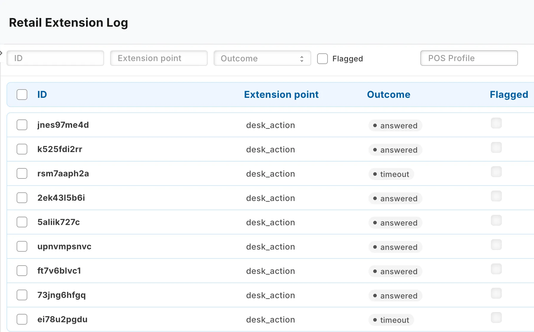 The Retail Extension Log list with the columns ID, Extension point, Outcome and Flagged