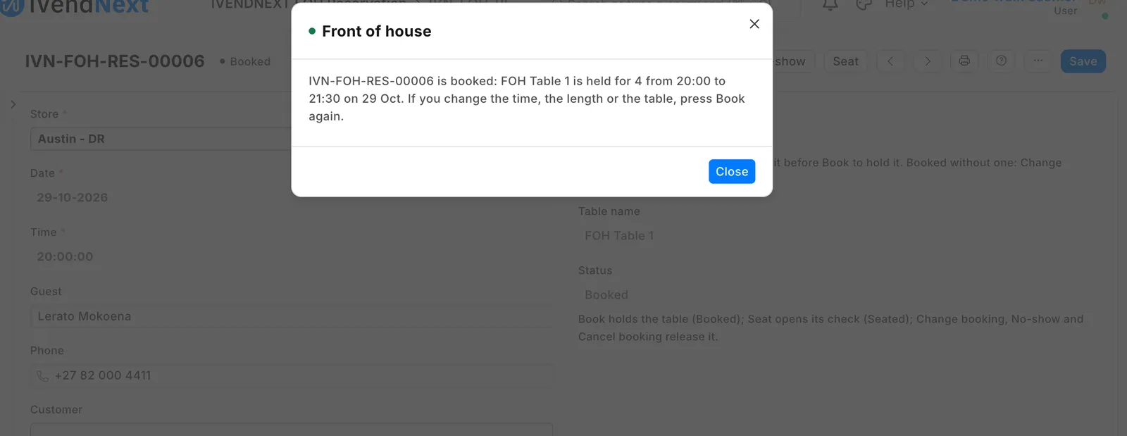 A booking on a demo site after Book: FOH Table 1 is kept for 4 from 20:00 to 21:30