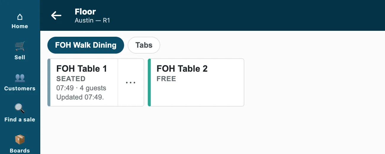 The till's floor on a demo site, on a counter screen: FOH Table 1 seated for 4 guests, FOH Table 2 free
