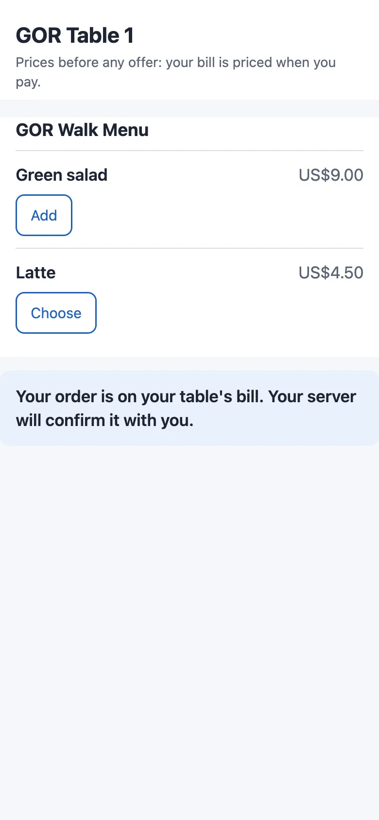 After Send order on a guest's phone: Your order is on your table's bill. Your server will confirm it with you.