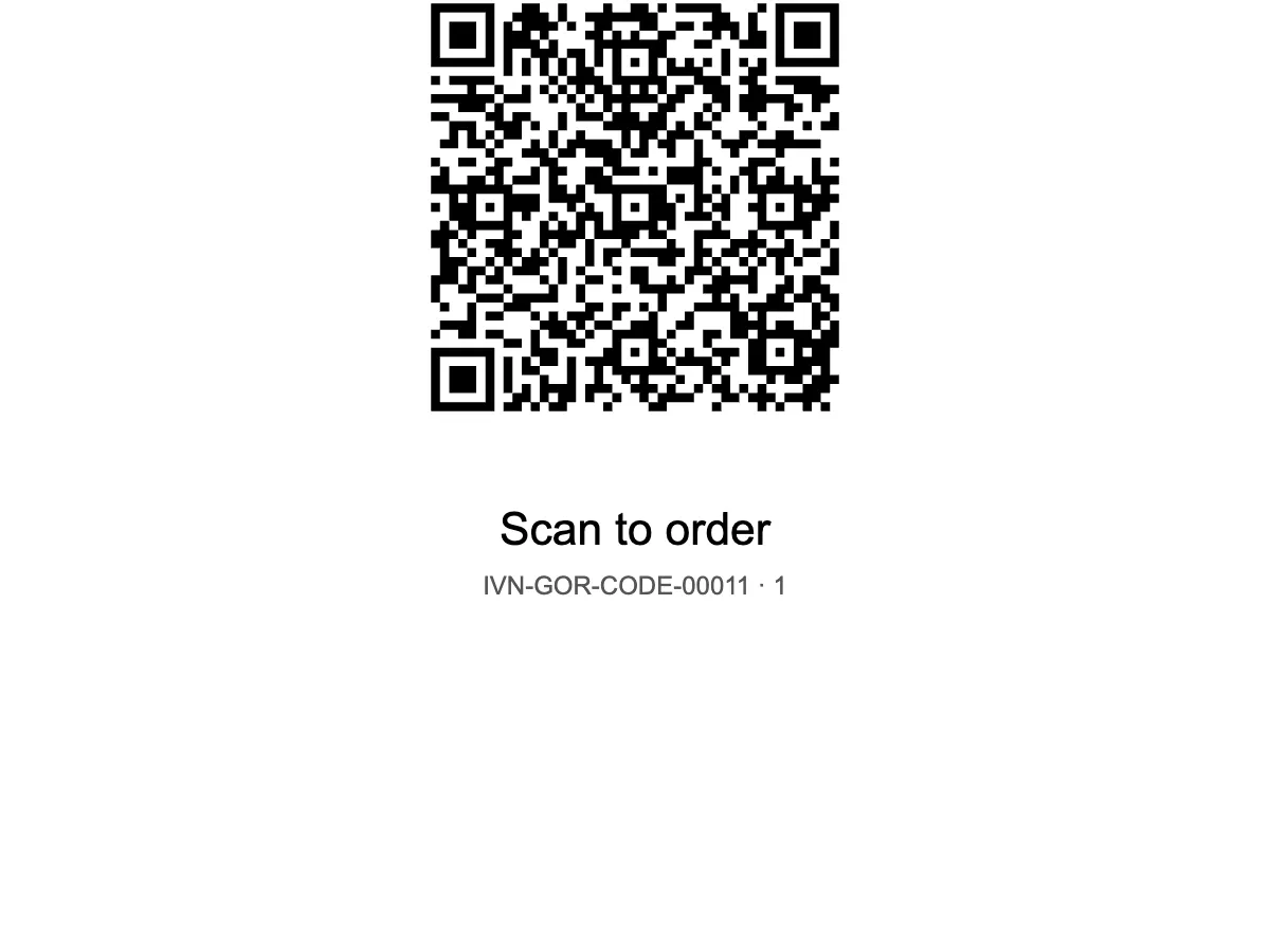 The table card printed on a demo site: GOR Table 1, its QR code, Scan to order and the code's number