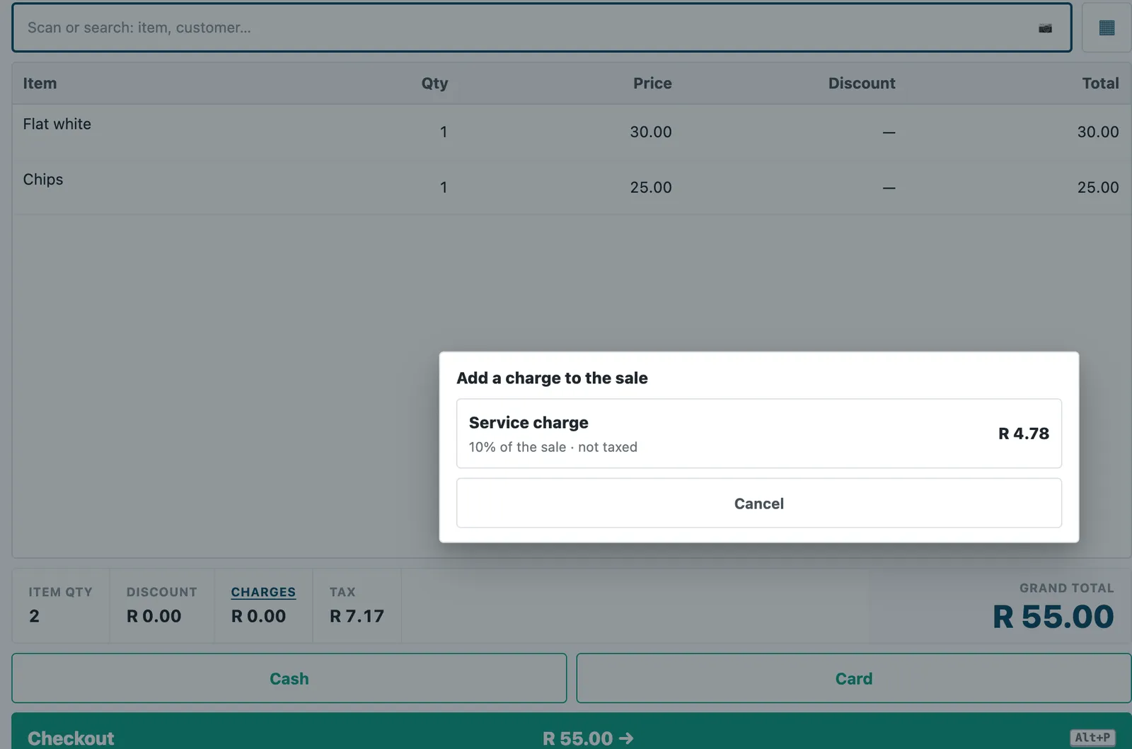 The list of charges the cashier can add to the sale