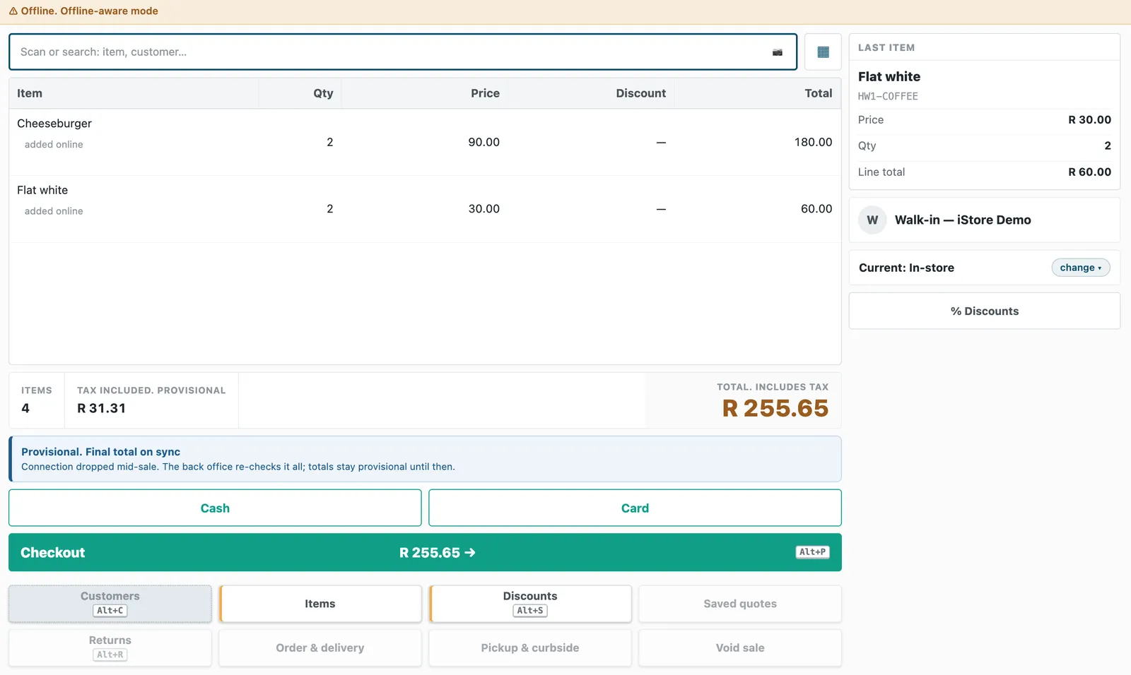 The offline basket, with the provisional total and the offline banner