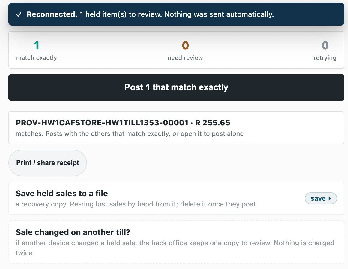 The review screen, with one held sale that matches exactly and the button to post it