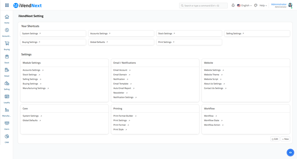 iVendNext Settings - Home Page