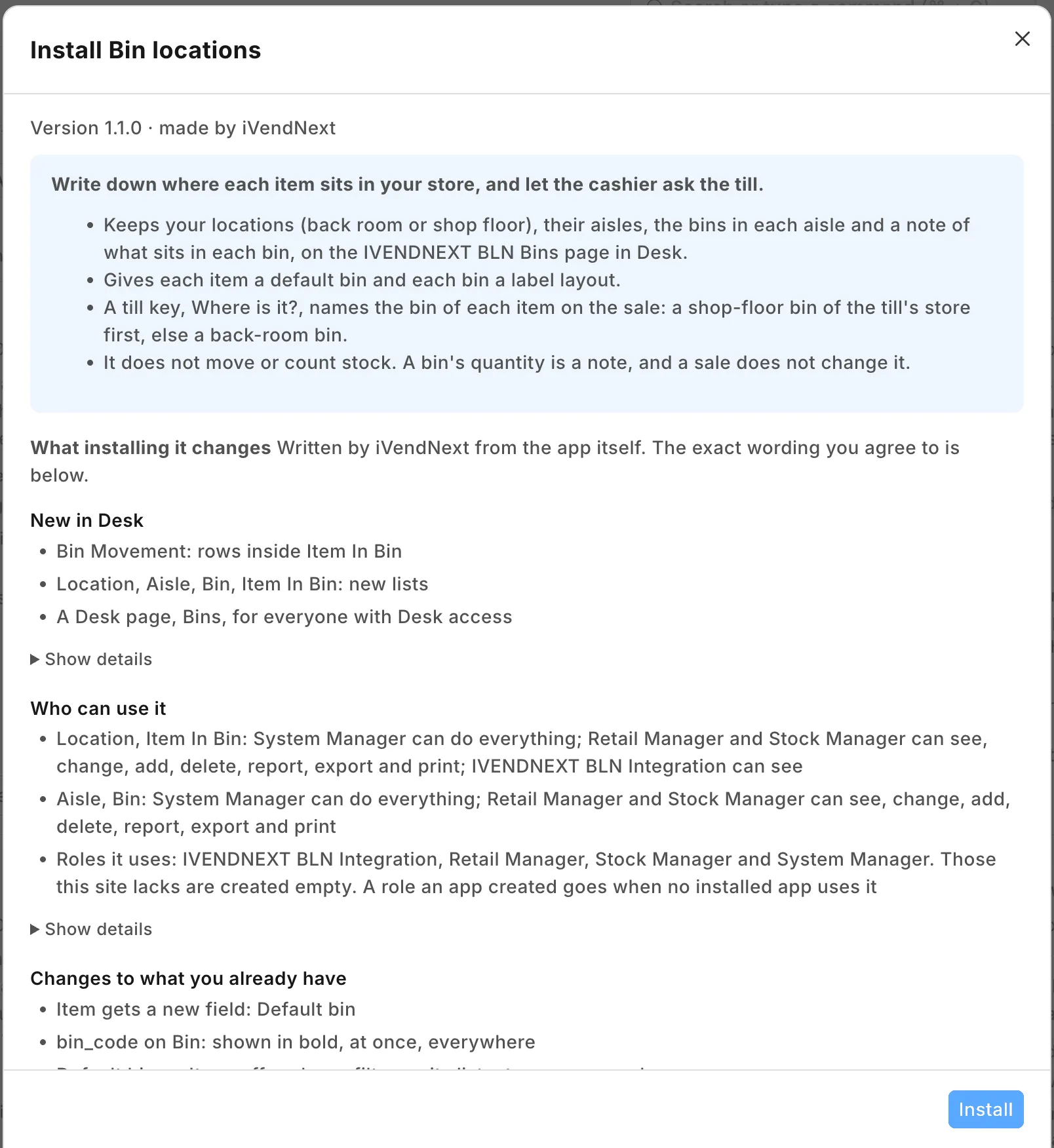 The window Install Bin locations: the version and maker, what the app does, and the headings New in Desk and Who can use it