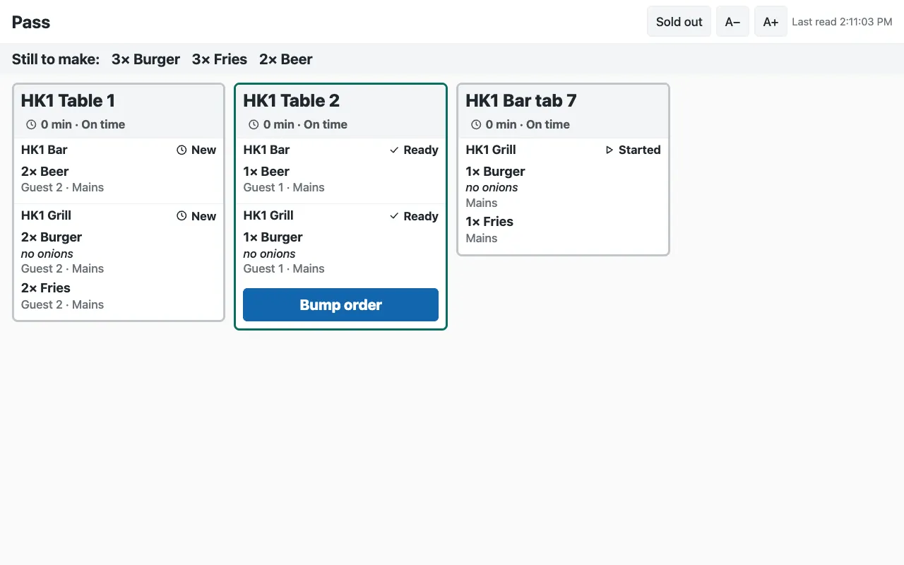 The expo at the pass, from a test store: each order's tickets together with their states, what is still to make, and Bump order on the order that is ready