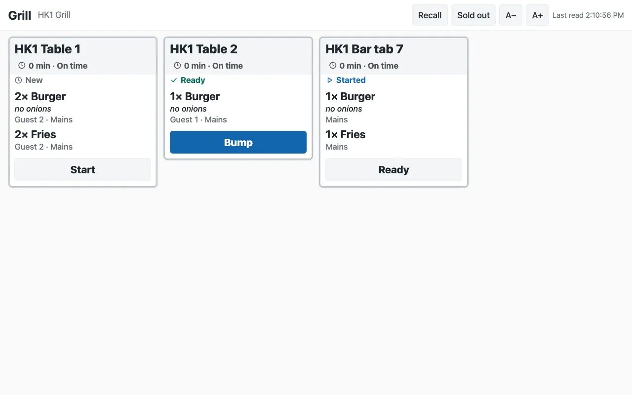 A station screen on a tablet in landscape, from a test store: the grill's tickets oldest first, each with its time, its dishes and one button