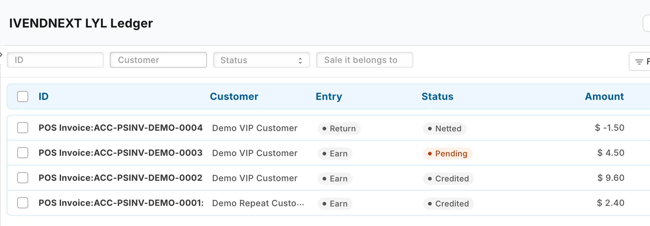 The ledger list with each entry's customer, type, status and amount