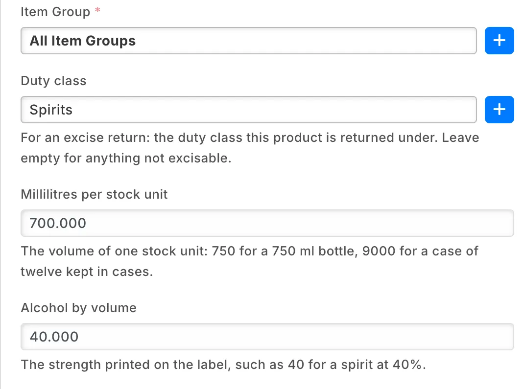 A liquor item's duty class, millilitres and strength