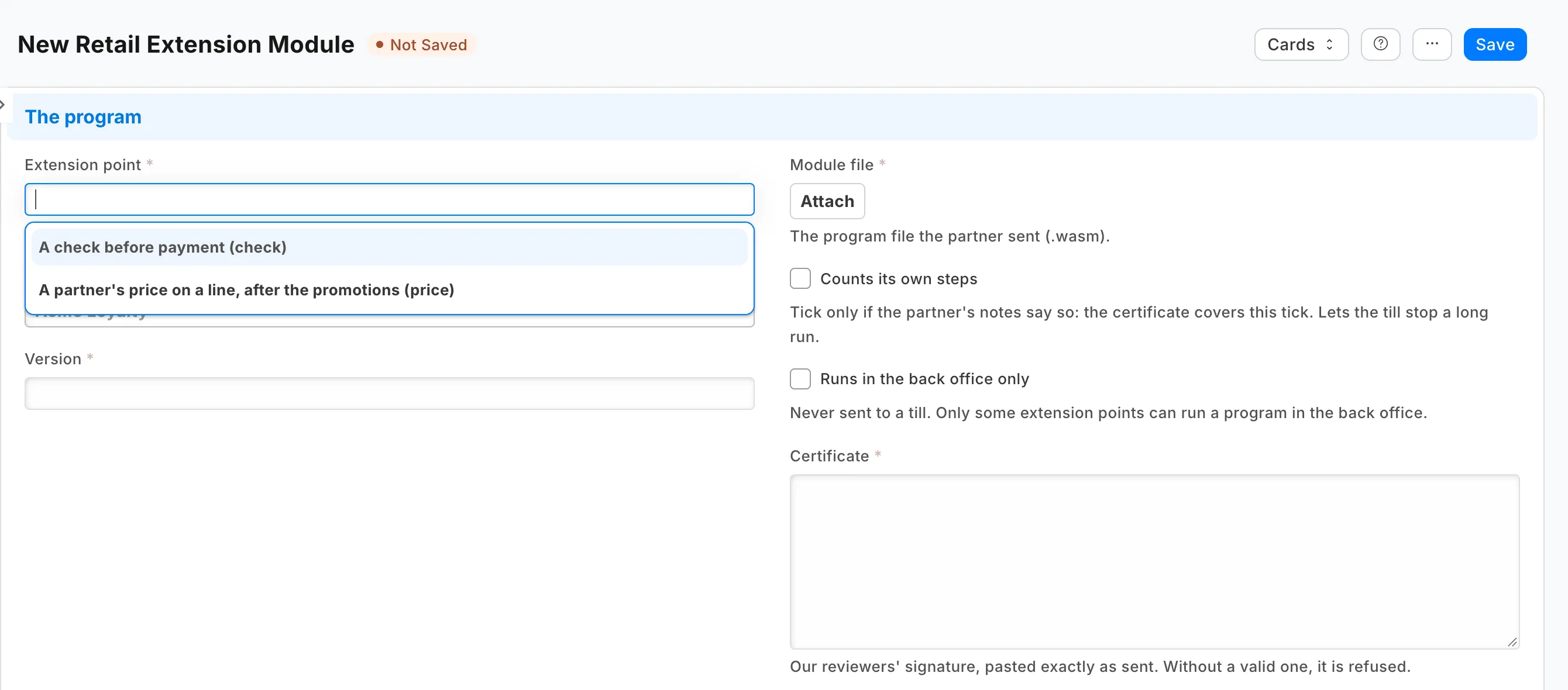 A new Retail Extension Module with the two jobs that take a module, a check before payment and a partner's price on a line