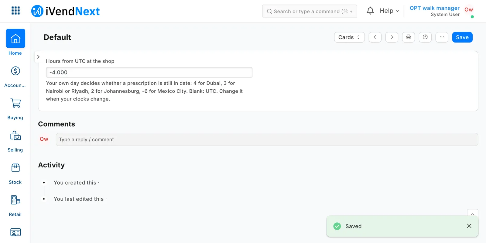 The settings record Default with its hours from UTC