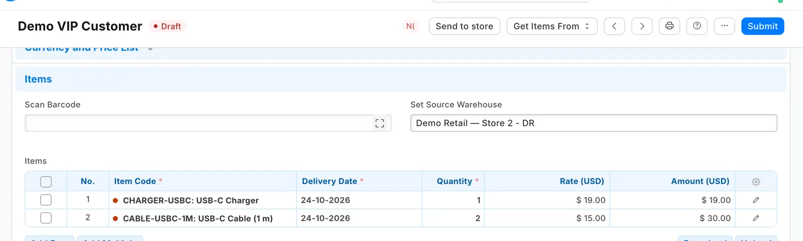 The reloaded order with Store 2 in Set Source Warehouse