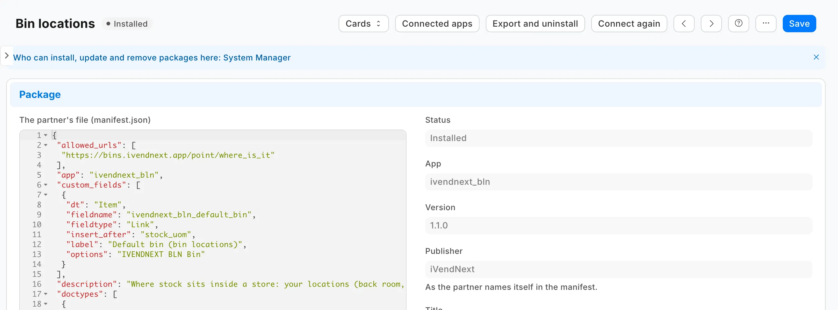 The app's record under Extension Packages: the status Installed, the buttons Connected apps, Export and uninstall and Connect again, and the Package section