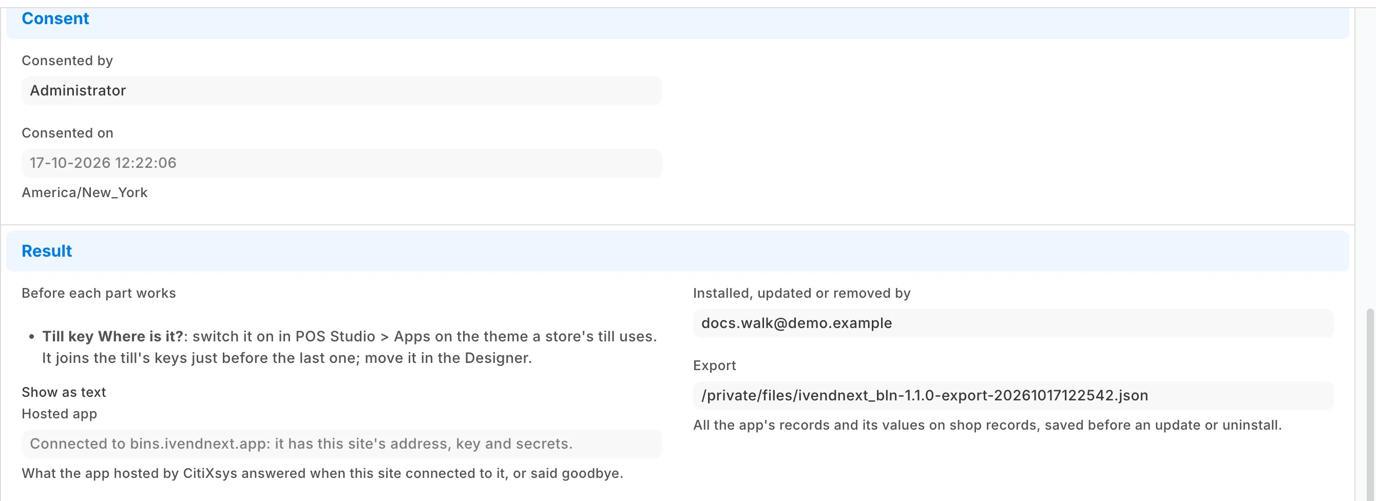 The Consent and Result sections of an app's record, with who installed the app and the Hosted app answer