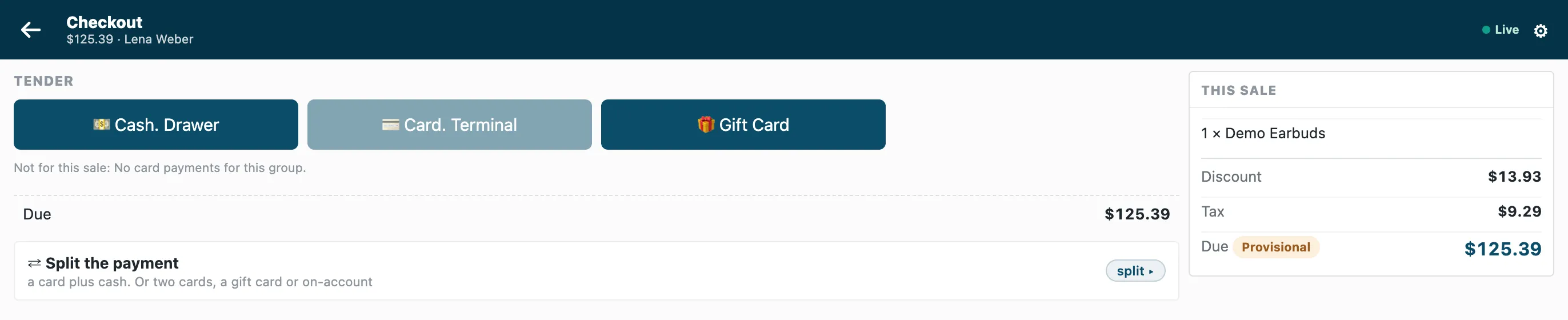 At Pay, the card left out for a customer whose group may not pay by card, with the rule's words