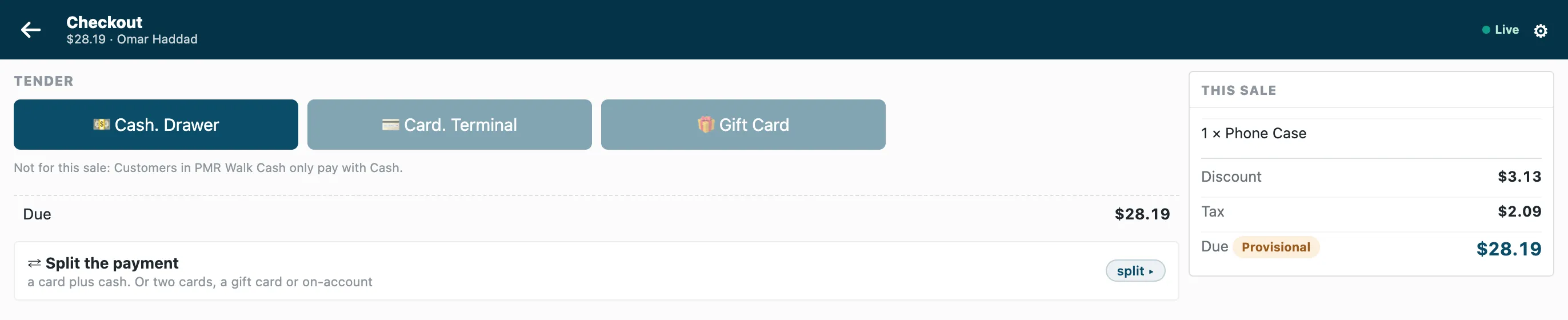 A customer in a group below one whose rule is Only these: Cash, with the card and the gift card left out
