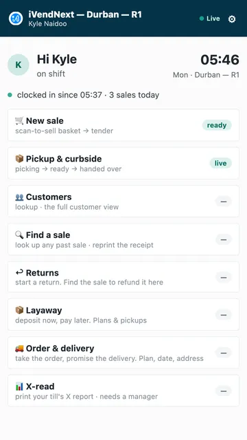 The home screen of iVendNext POS on a phone, greeting Kyle with three sales today.