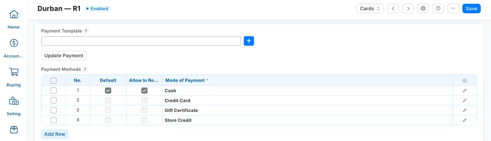 The Payment Methods table of the POS Profile, with Cash as the default and allowed in returns.