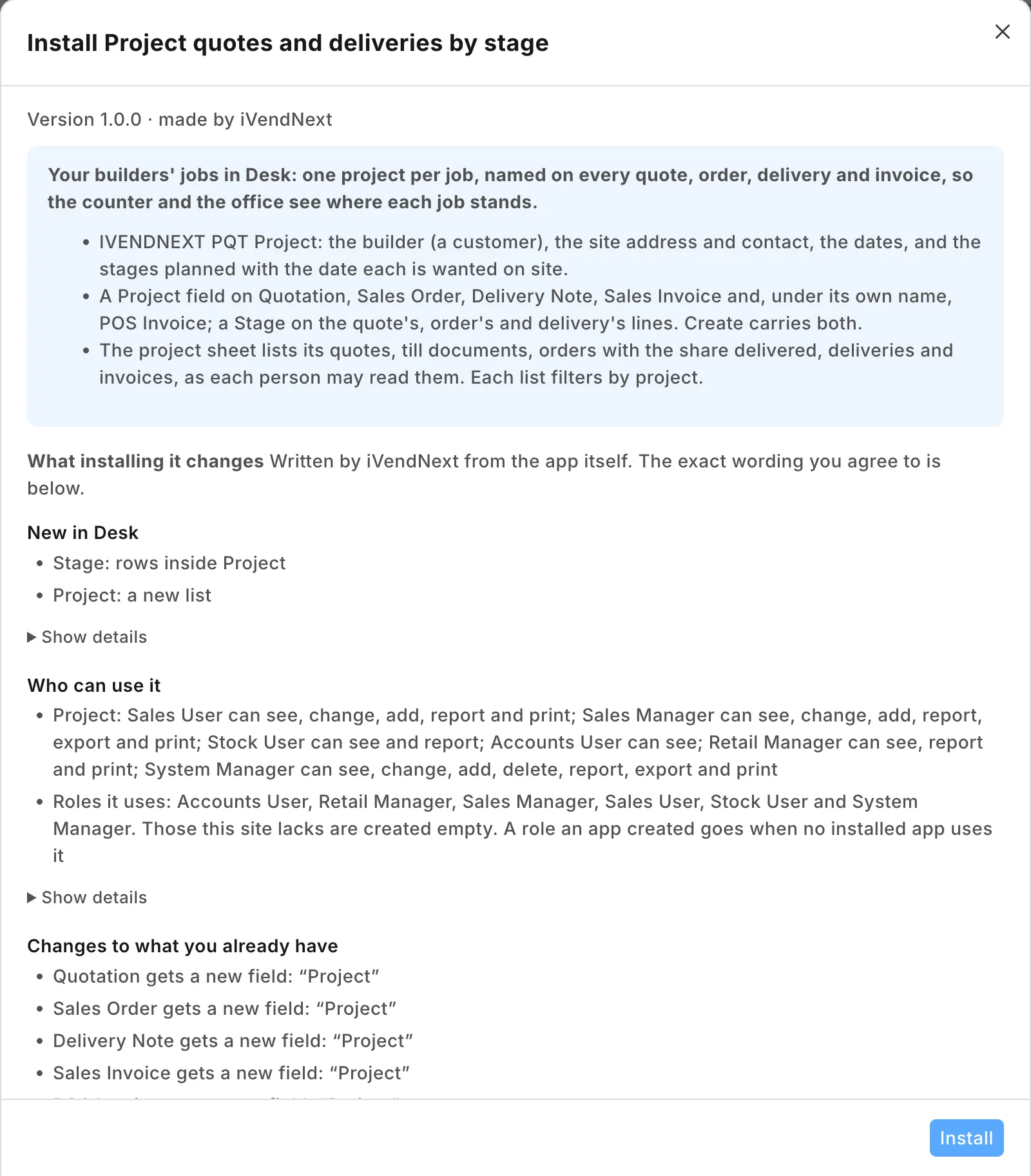 What installing Project quotes and deliveries by stage changes, read before you install it
