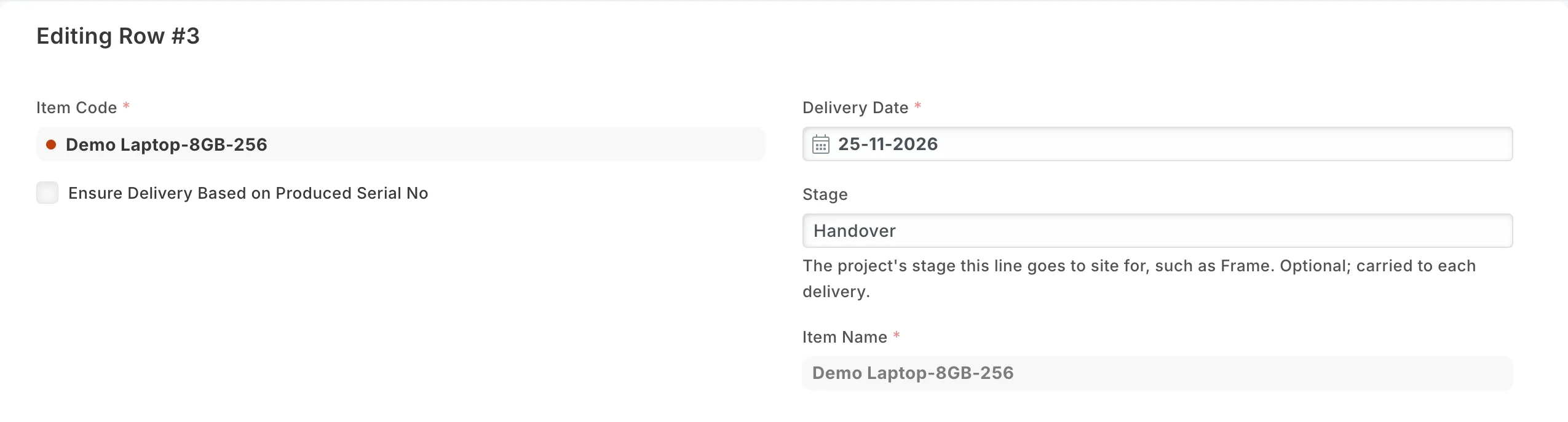 A sales order line with its delivery date and, beside it, the stage it goes to site for
