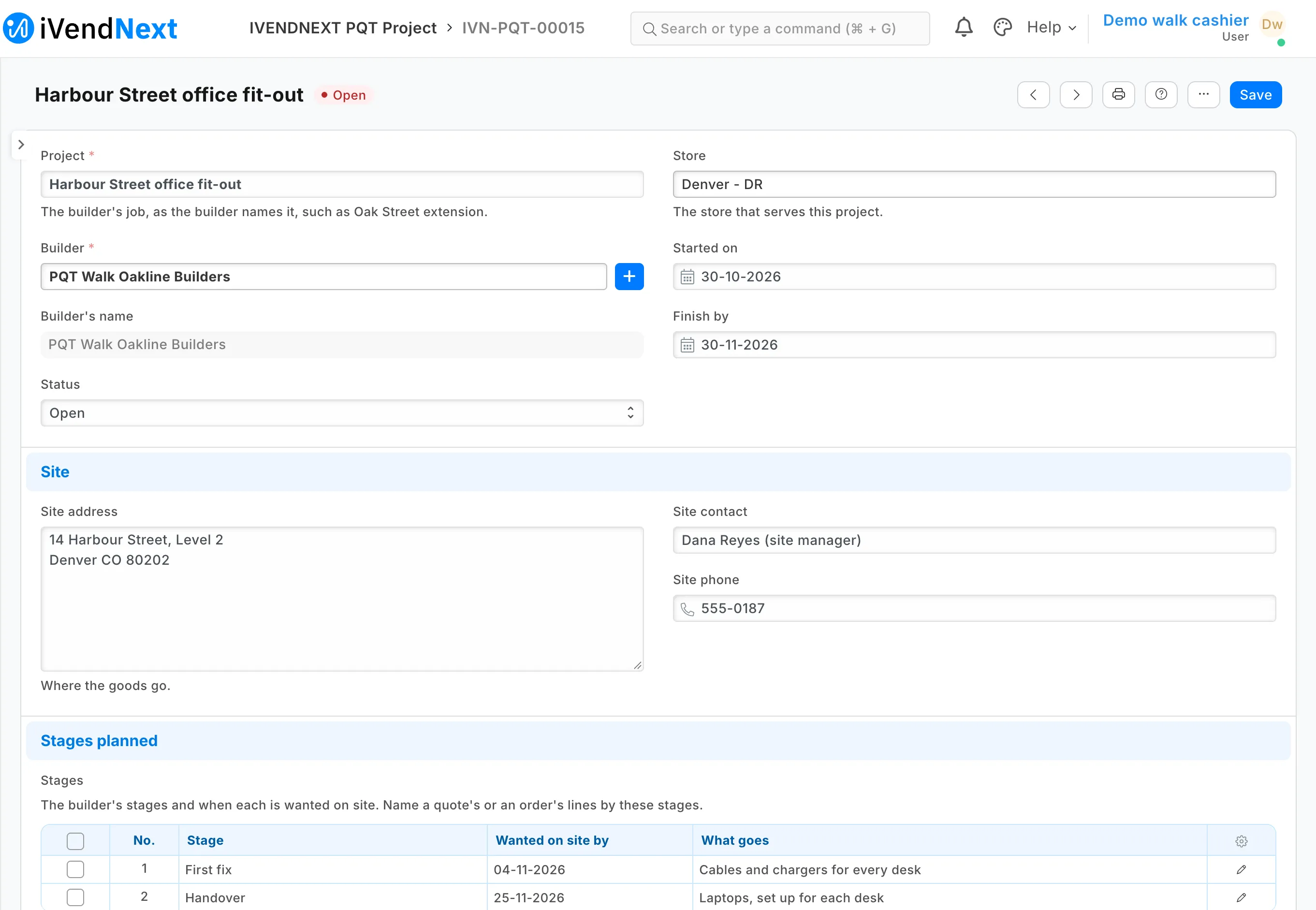 A project on a demo site: the builder, the store and the dates, the site with its contact, and two stages with the date each is wanted on site