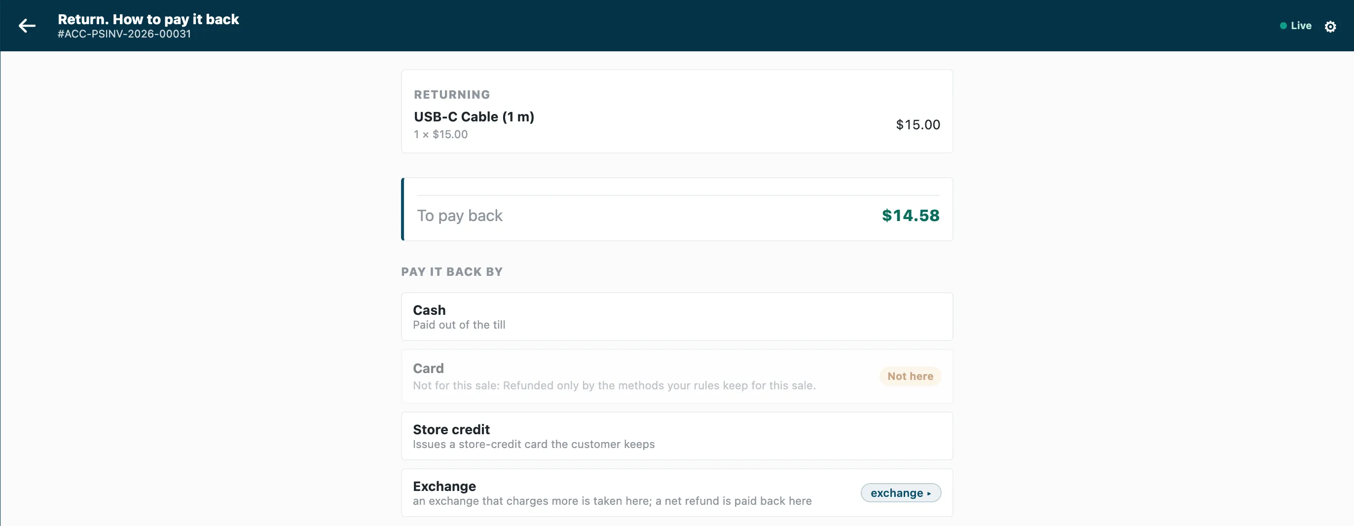 On a demo site, the refund of a cash sale: the card dimmed with the app's reason, cash and store credit offered