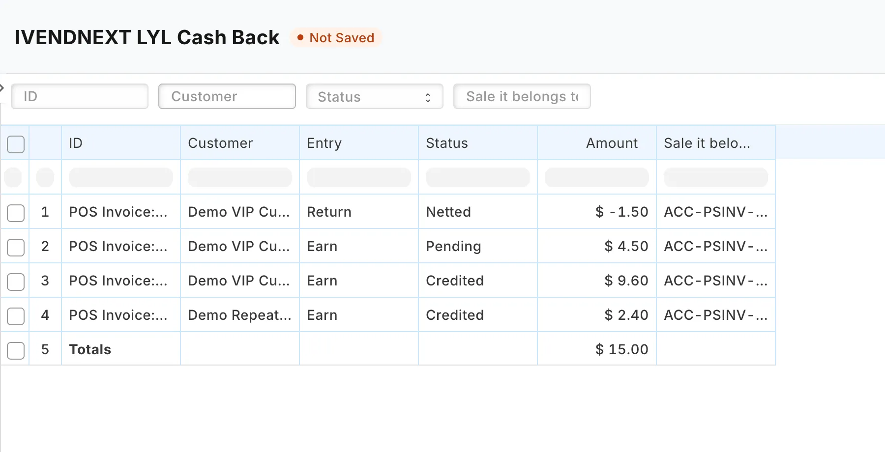 The IVENDNEXT LYL Cash Back report: the ledger entries with a total row