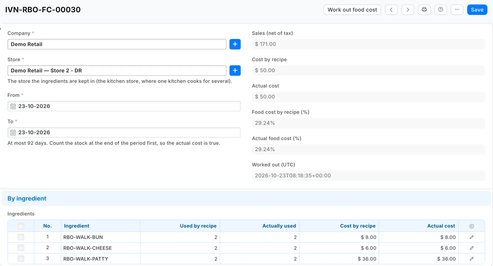 A food cost record for one store and day: cost by recipe and actual cost against the sales, ingredient by ingredient