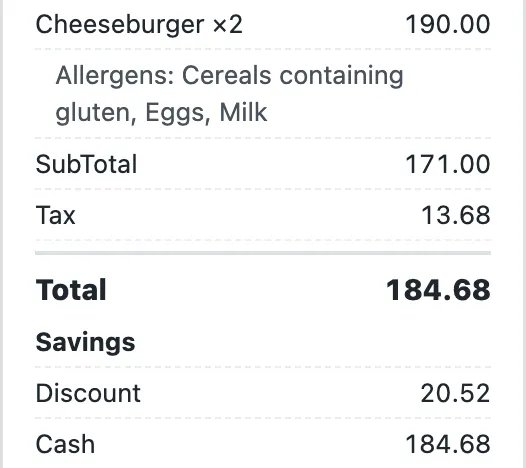 The receipt printing the allergens under the dish