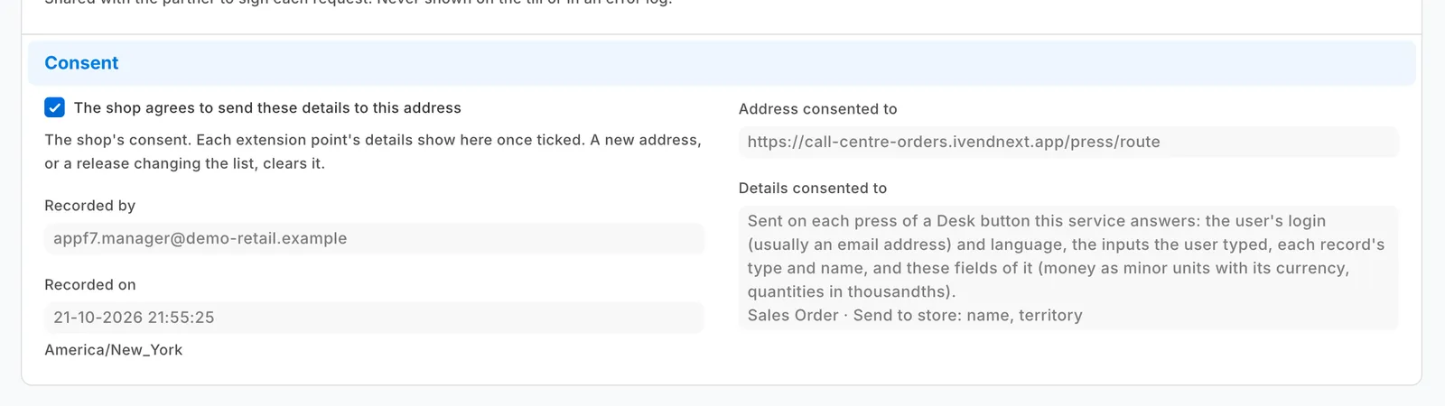 The Send to store service switched on, with the consent recorded and the details it sends