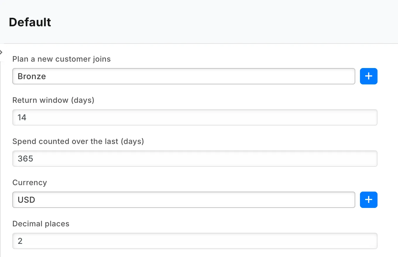 The settings record titled Default: the plan a new customer joins, the return window, the spend window, the currency and the walk-in customers