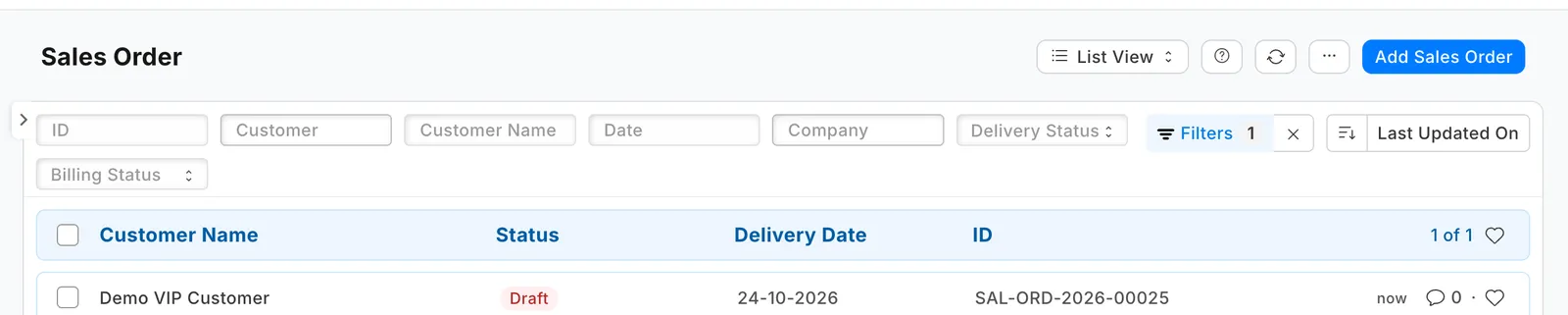 The Sales Order list filtered on Set Source Warehouse: the order sent to Store 2