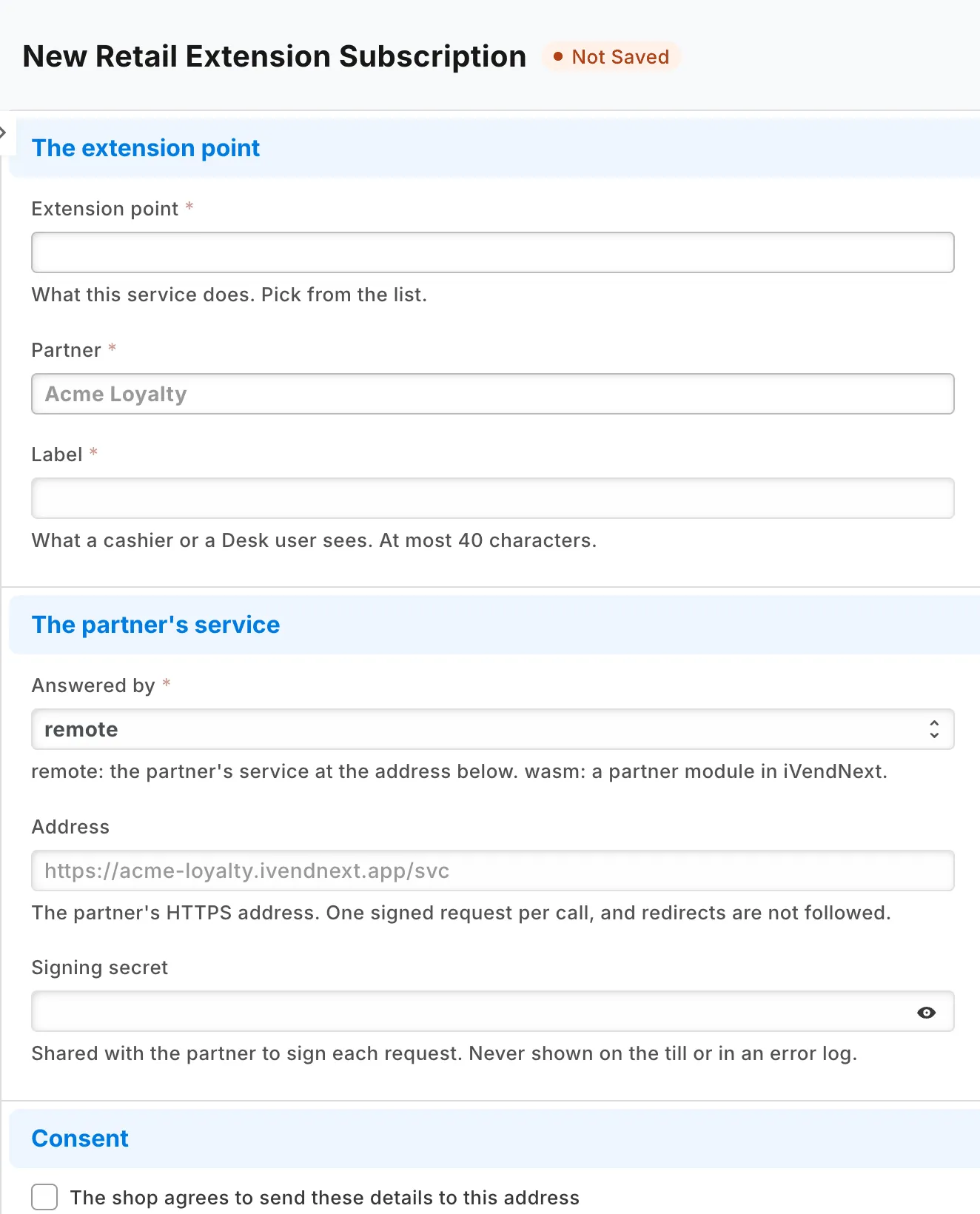 A new Retail Extension Subscription: the extension point, the partner's service and the Consent box
