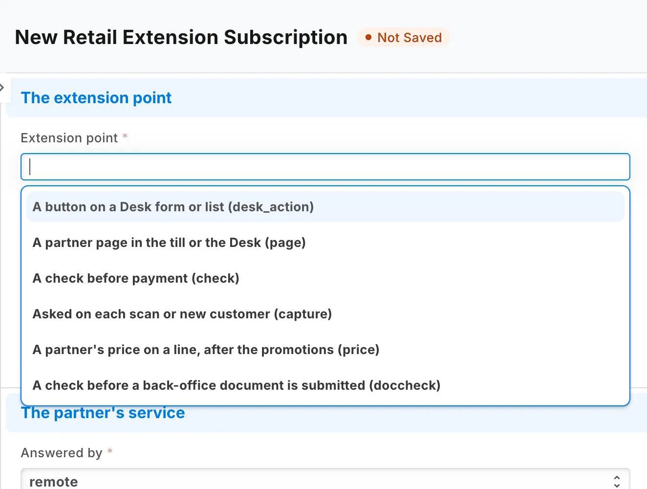A new Retail Extension Subscription with the list of extension points open