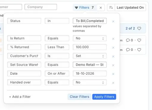 The Delivery Note list's Filter panel with the seven conditions of the waiting list