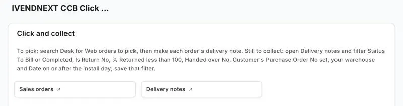 The Click and collect workspace: a line saying where the two lists are, and links to Sales orders and Delivery notes